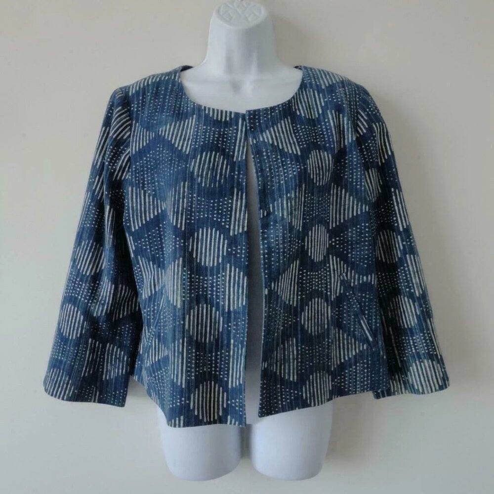NWT EILEEN FISHER Indigo Hand Printed Cotton 3/4 Sleeve Open Jacket Medium, XL